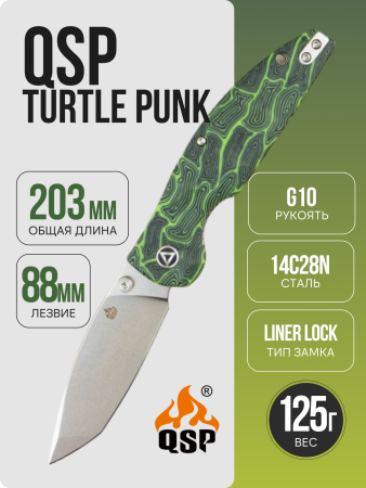 Нож QSP Turtle Punk, Stonewashed 14C28N, G10 Black/Green, QS158-C1